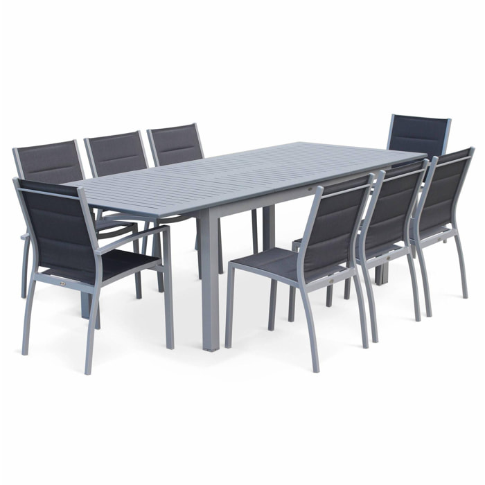Salon de jardin table extensible - Chicago Gris - Table en aluminium 175/245cm avec rallonge et 8 assises en textilène