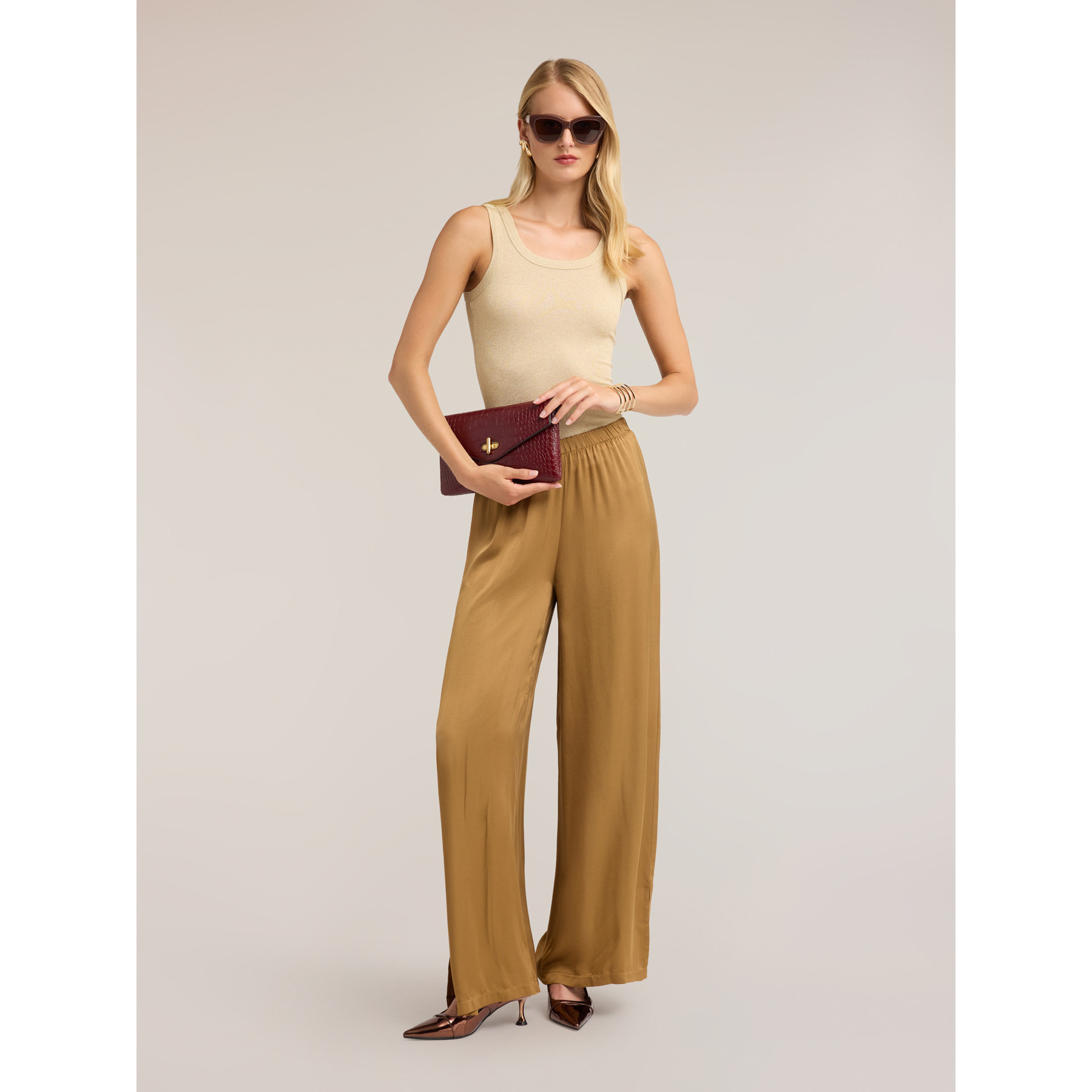 Motivi - Top in jersey a coste in viscosa lurex - Beige