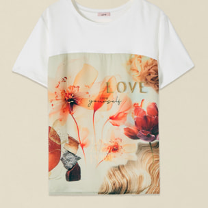 Oltre - Camiseta con inserto de raso estampado - Naranja sol