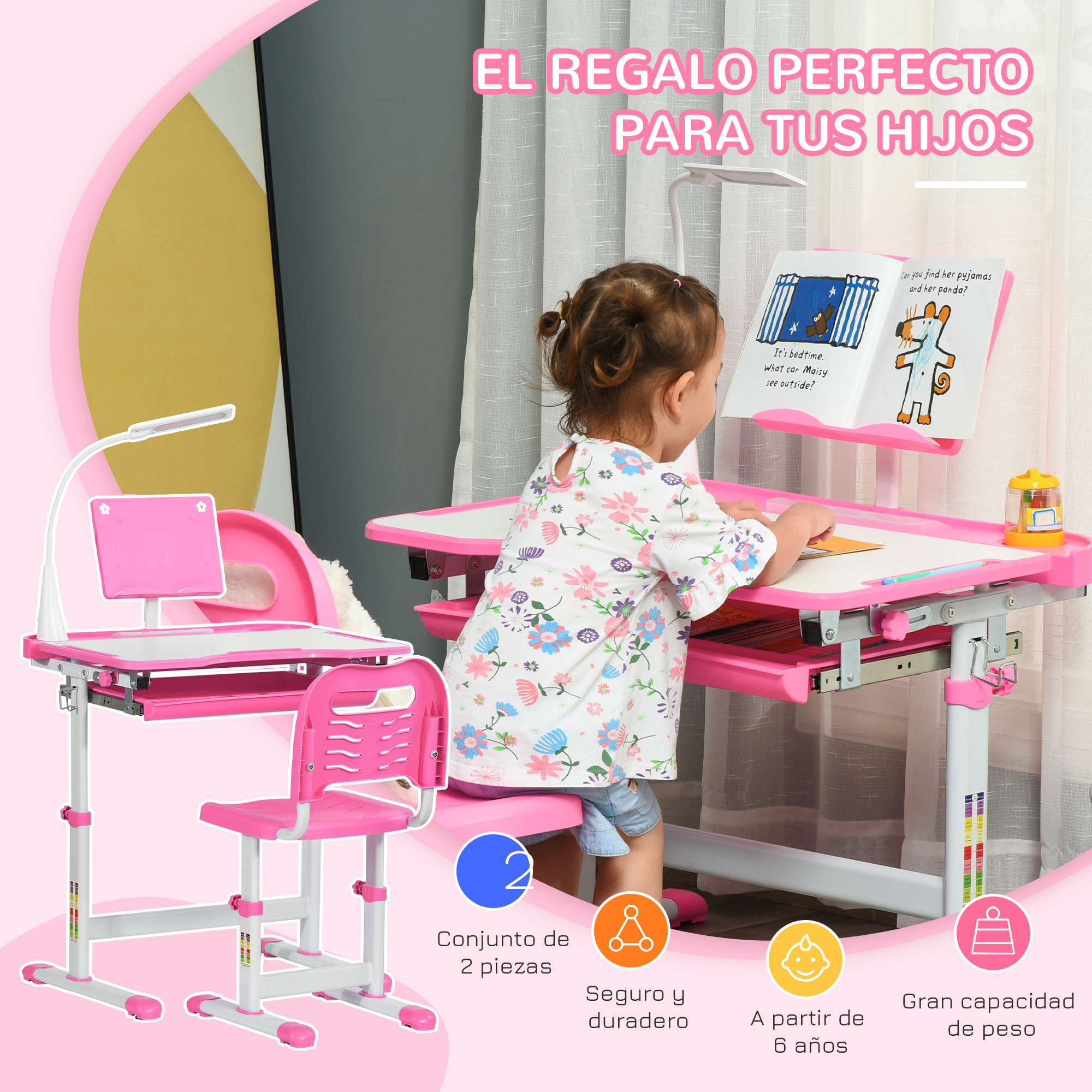 Juego de Escritorio y Silla para Niños de +6 Años Pupitre Infantil Altura Ajustable Escritorio Infantil con Mesa Inclinable Lámpara Cajón y Estante para Libros Rosa