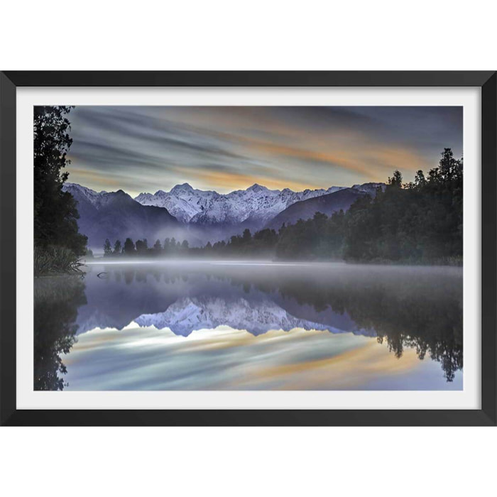 Affiche paysage matin enneigé Affiche + cadre en bois - Noir