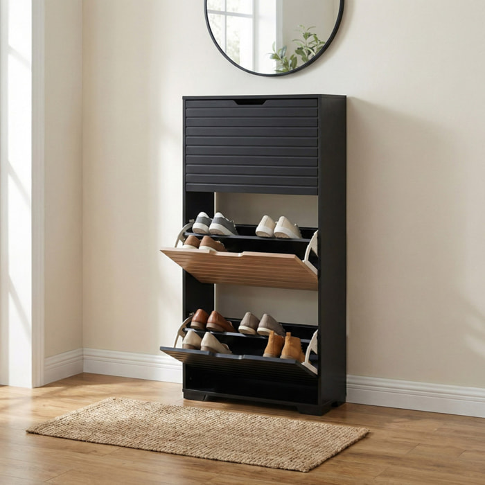 Scarpiera in legno con 3 ante a ribalta noce e nero 63x26x125 cm – Toledo