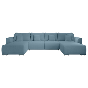 Gabriel - Canapé panoramique en U 7 places convertible avec coffre en tissu texturé - Bleu