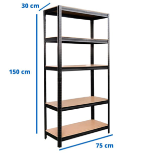 Scaffali metallici neri 150x75x30 cm Set da 2 pz