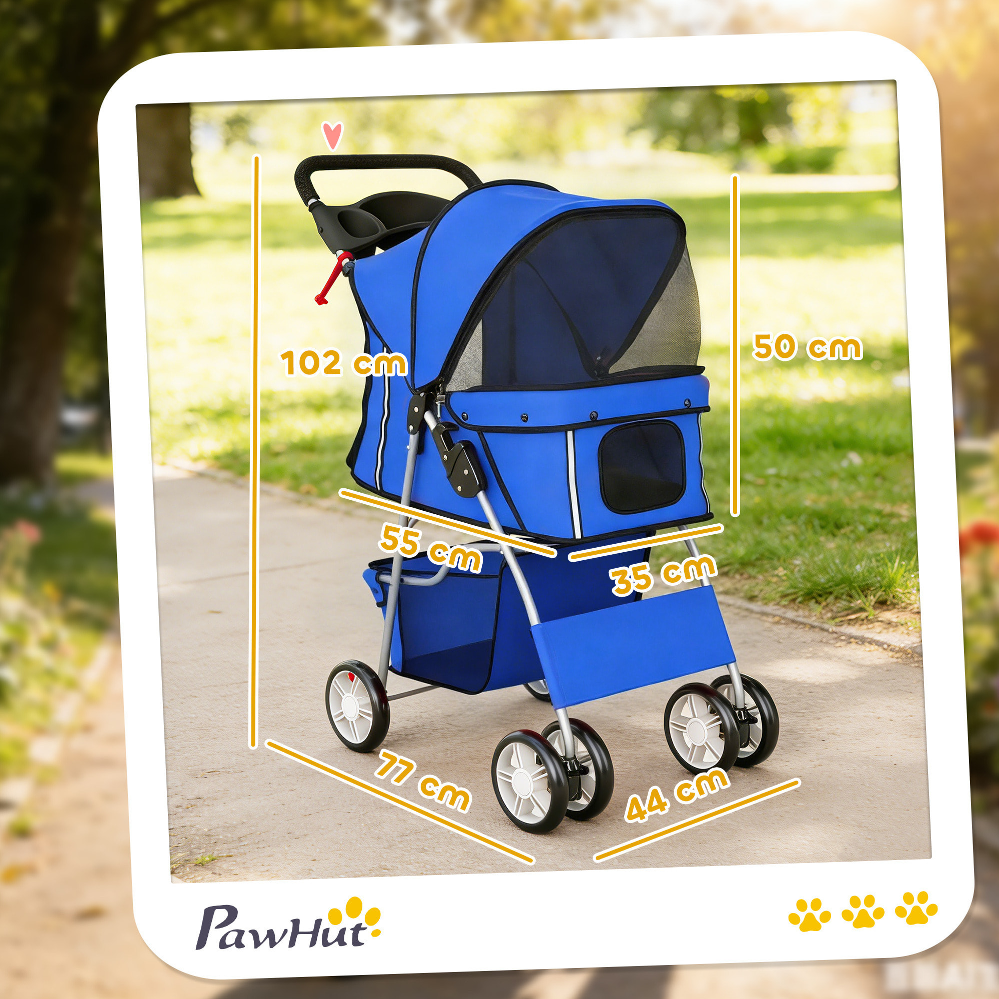 PawHut Carrito para Perros Gatos Plegable hasta 10 kg, Cochecito para Perros Pequeños con Ruedas de EVA y Frenos, Cesta de Almacenaje, Ventanas de Malla, Portavasos, Cojín Lavable, 77x44x102 cm, Azul