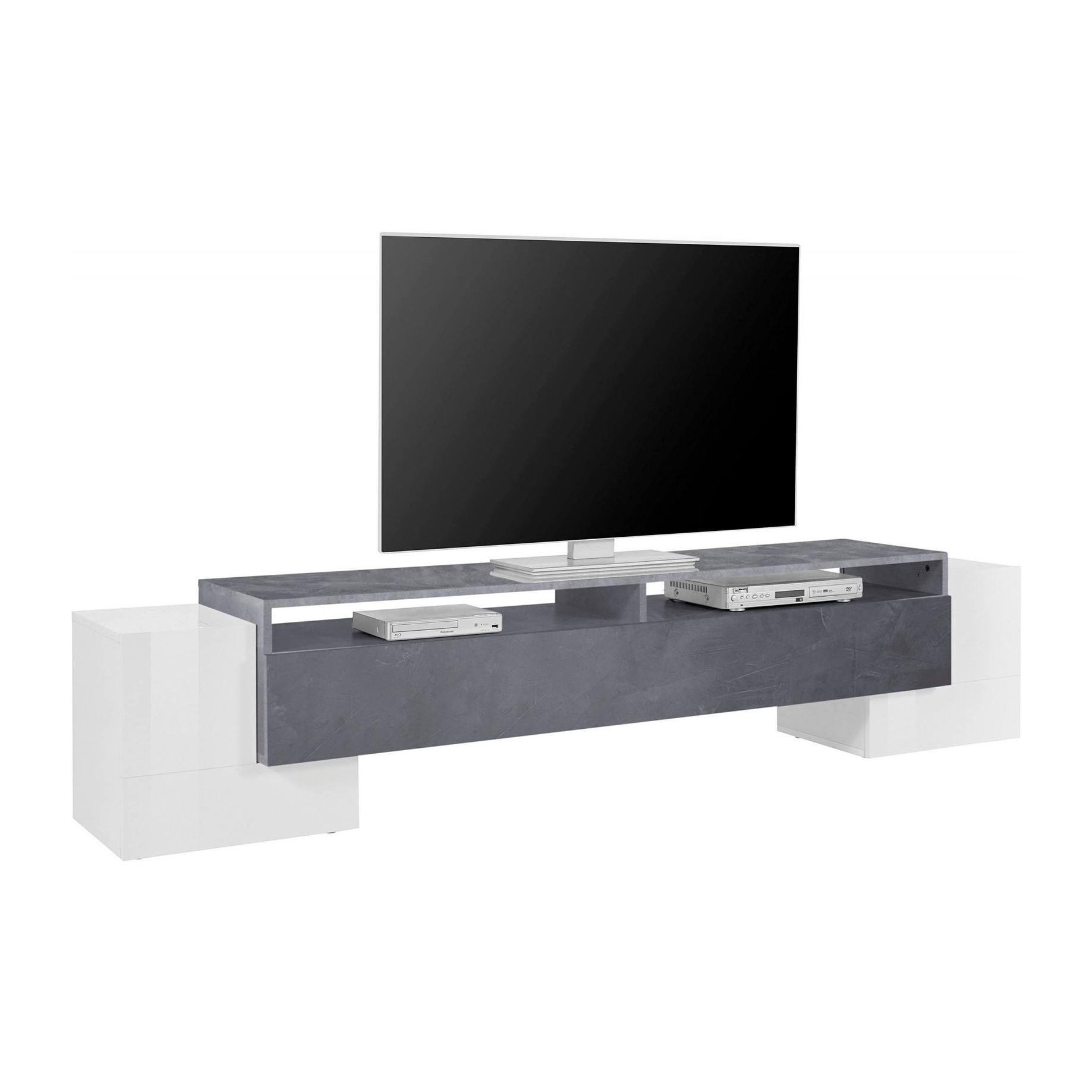 Mobile da soggiorno Porta TV, Made in Italy, Supporto per TV da salotto a 3 ante e ripiani, cm 210x45h45, colore Bianco lucido e Grigio Cenere