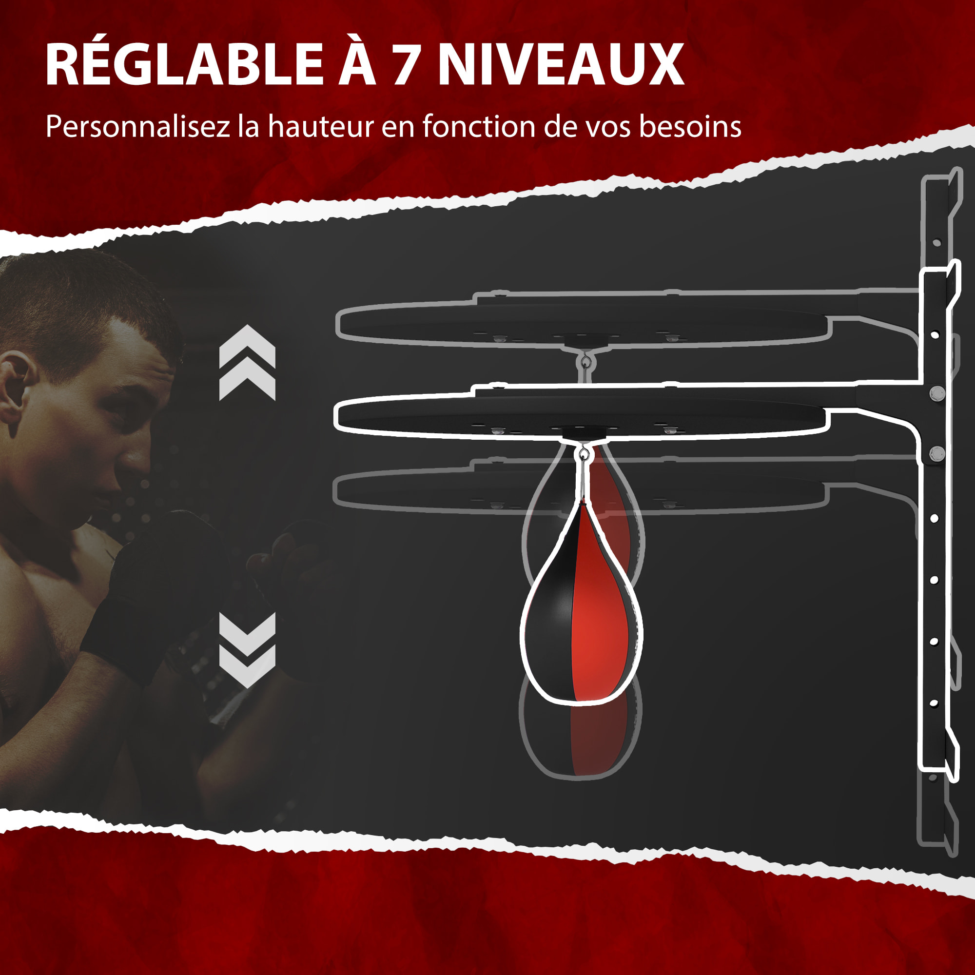 Punching ball poire de vitesse boxe avec support plateau tournant + pompe MDF acier revêtement synthétique rouge noir