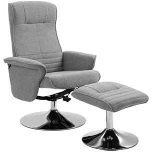 Fauteuil relax style contemporain - pivotant, dossier inclinable, repose-pied - piètement acier chromé tissu gris