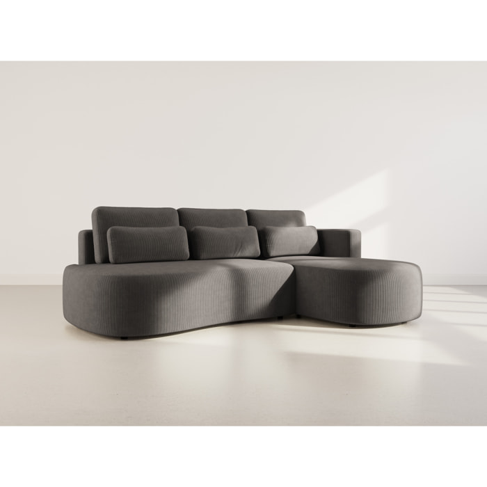 Mahina - canapé d'angle droit 4 places convertible avec coffre en velours côtelé - Gris foncé