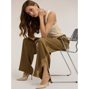 Motivi - Pantaloni palazzo in raso con pizzo - Verde militare