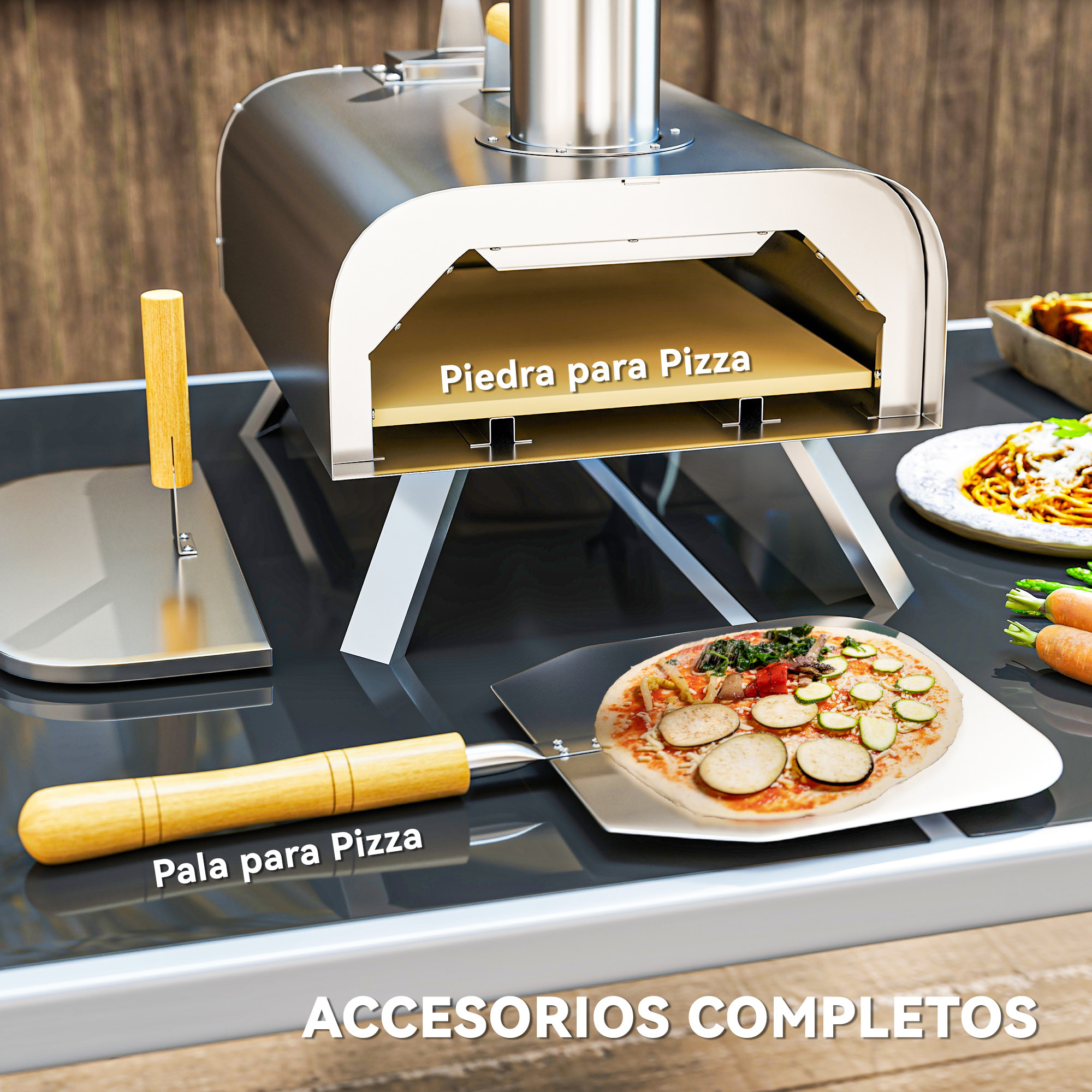 Mini Horno de Pizza Exterior Portátil de Acero Inoxidable Horno de Leña con Piedra Refractaria Pala Patas Plegables Mangos de Madera Termómetro y Bandeja para Jardín Terraza Camping Patio