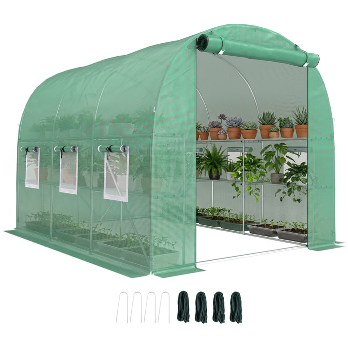 Invernadero de Exterior 2,8x2x1,9 m con Estantes, Invernadero de Túnel con Puerta Enrollable, 6 Ventanas de Malla, Cubierta PE y Marco de Acero Galvanizado, Anti-UV, Impermeable, Verde