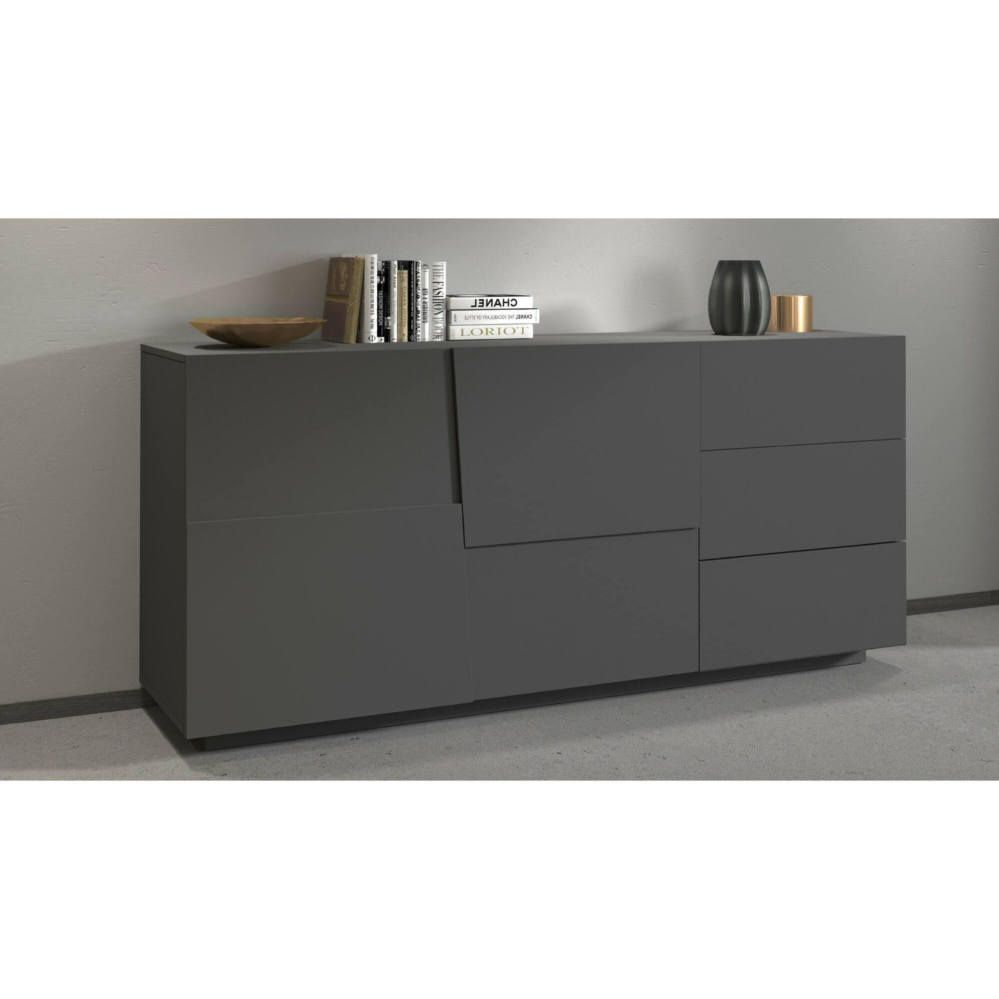 Credenza Ddalessi, Buffet da soggiorno, Madia da salotto con 2 ante e 3 cassetti, 180x44h86 cm, Antracite