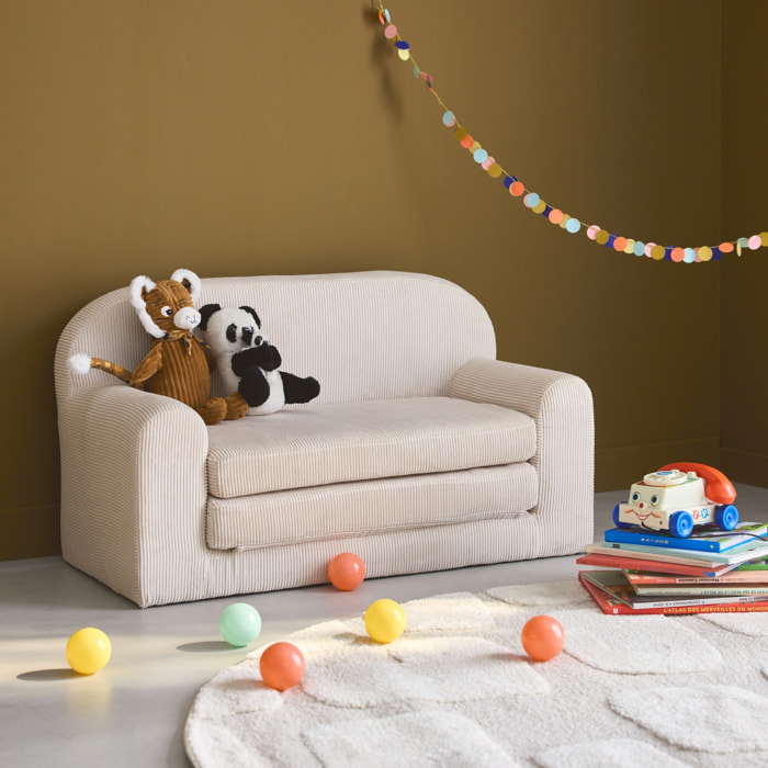 Canapé lit enfant en velours côtelé dépliable. couleur crème. L 90 x P 43 x H 51.5 cm