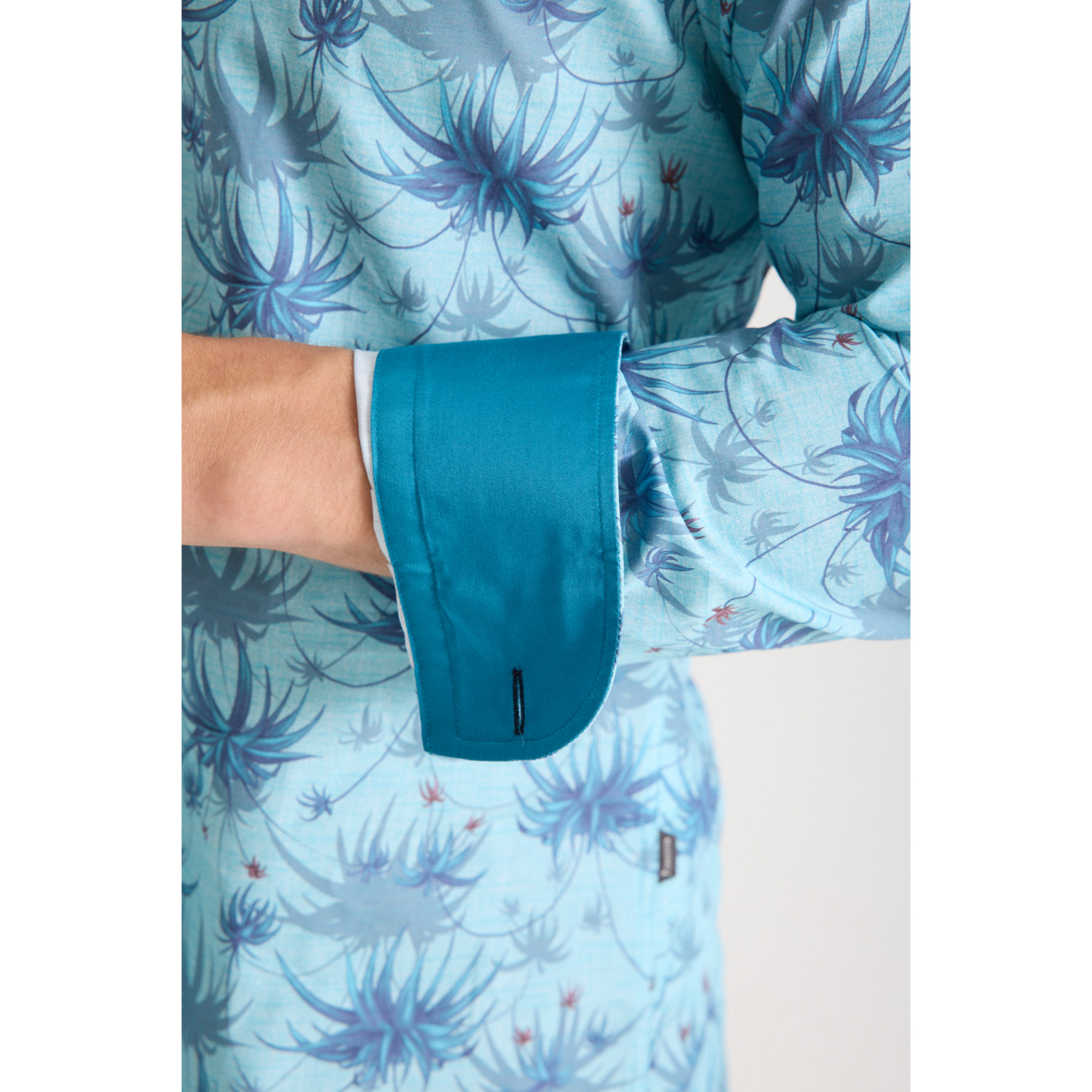 Camicia Uomo 1 Bottoni Button Down Slim Popeline Stampato Turchese/Blu