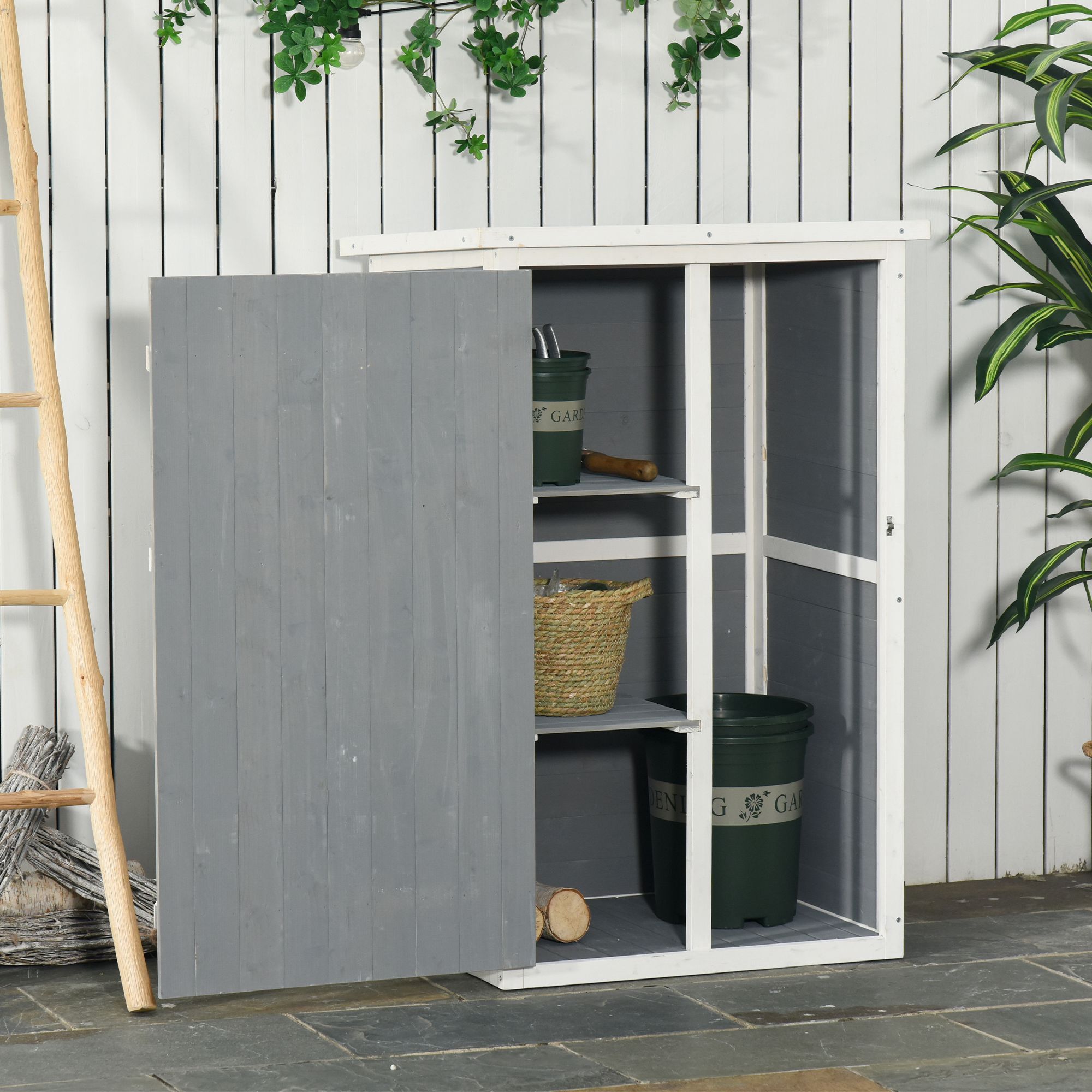 Armoire abri de jardin remise pour outils - grande porte verrouillable loquet - 2 étagères - toit bitumé incliné bois de sapin blanc gris