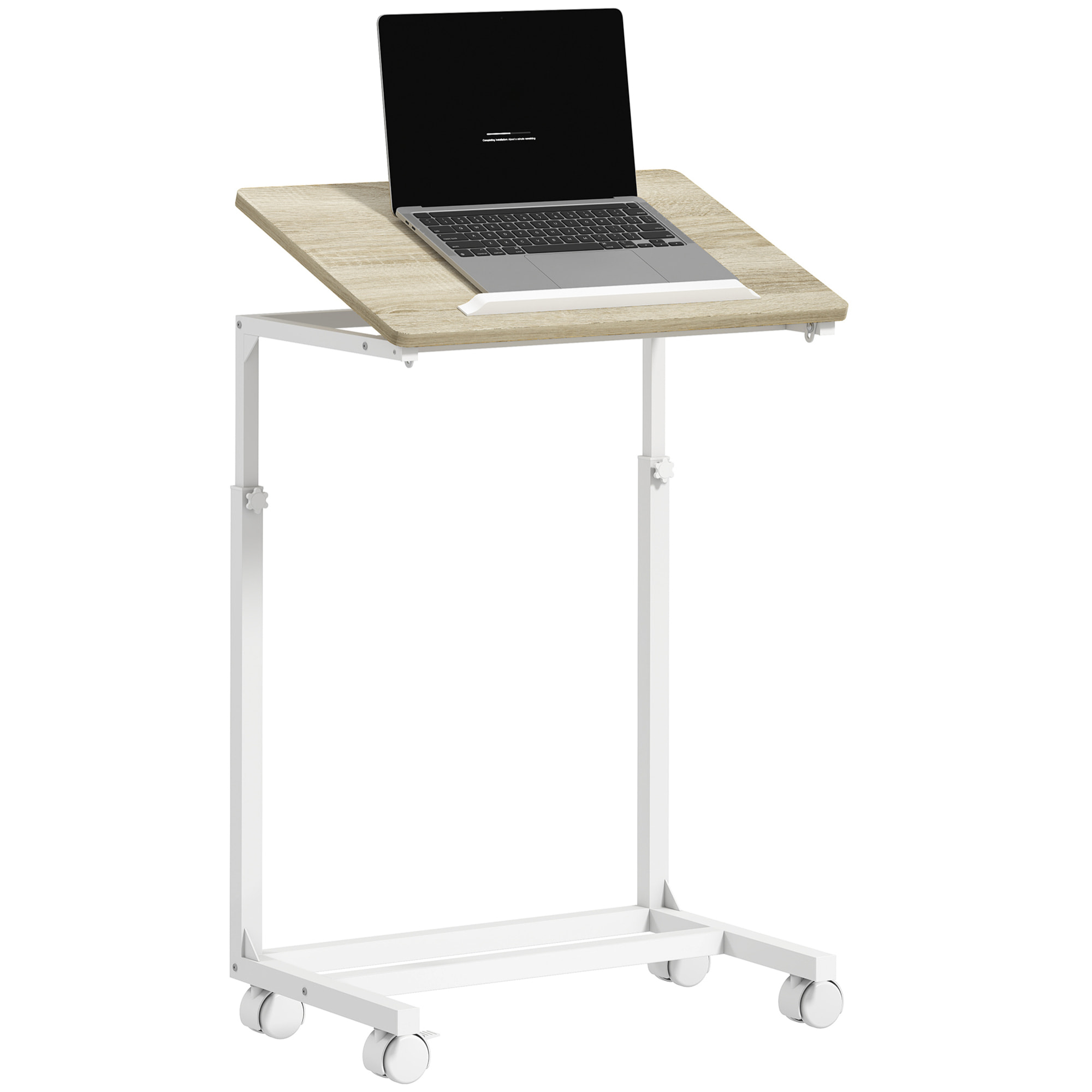 Table de lit mobile - table pour ordinateur portable - hauteur réglable, plateau inclinable - métal blanc effet bois