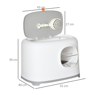 Maison de toilette litière pour chat - porte, couvercle ouvrant  - pelle incluse - blanc gris clair