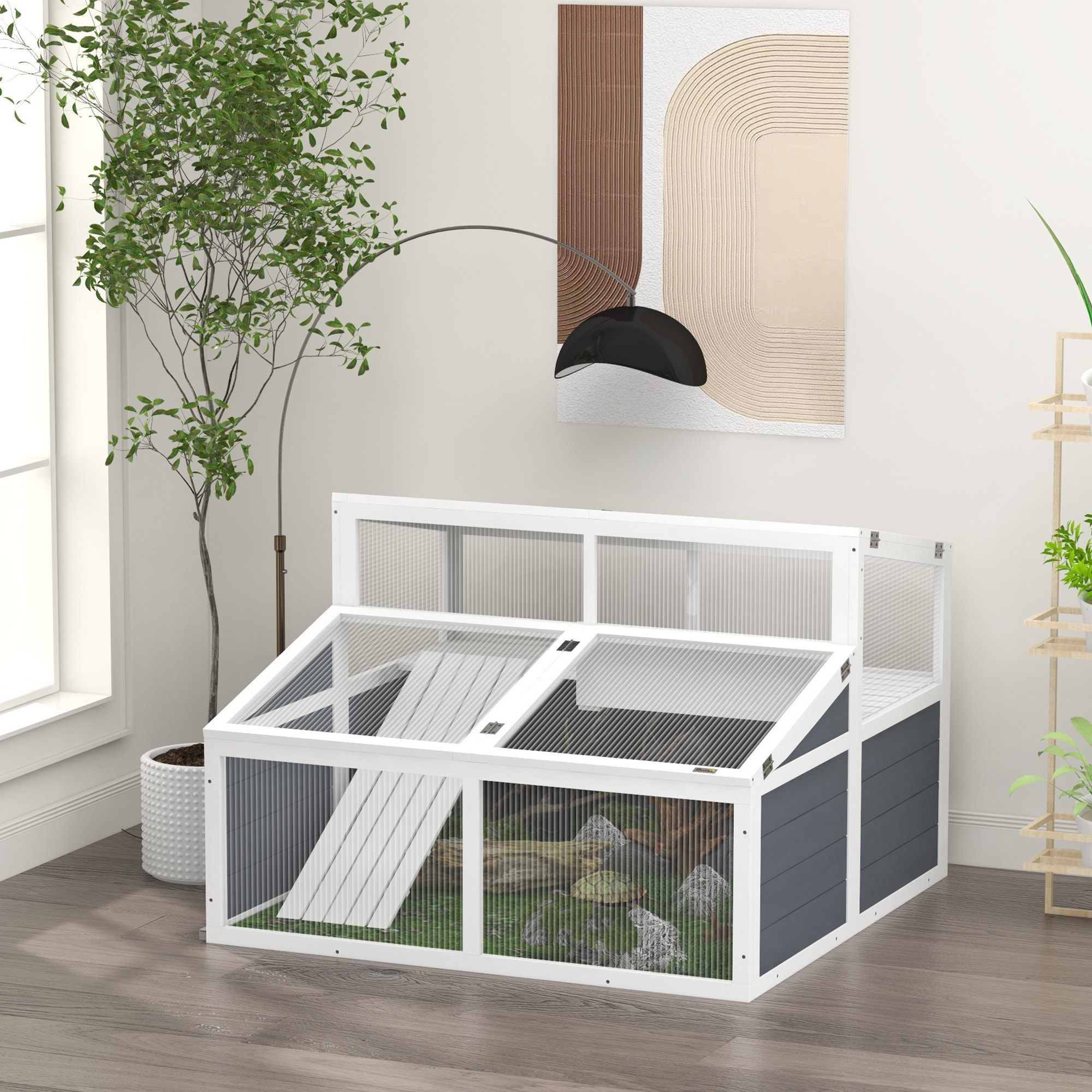 Terrarium enclos tortue 2 espaces toit polycarbonate 3 portes rampe bois gris blanc