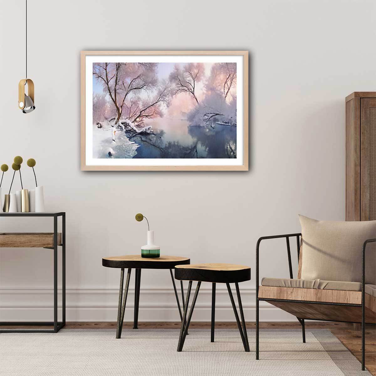 Affiche paysage Chrismas lac Affiche + cadre en bois - Chêne