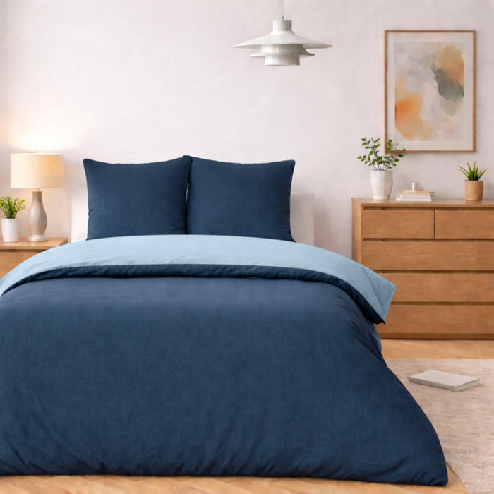 Parure housse de couette + taie 100% coton lavé - vicky bicolore bleu foncé