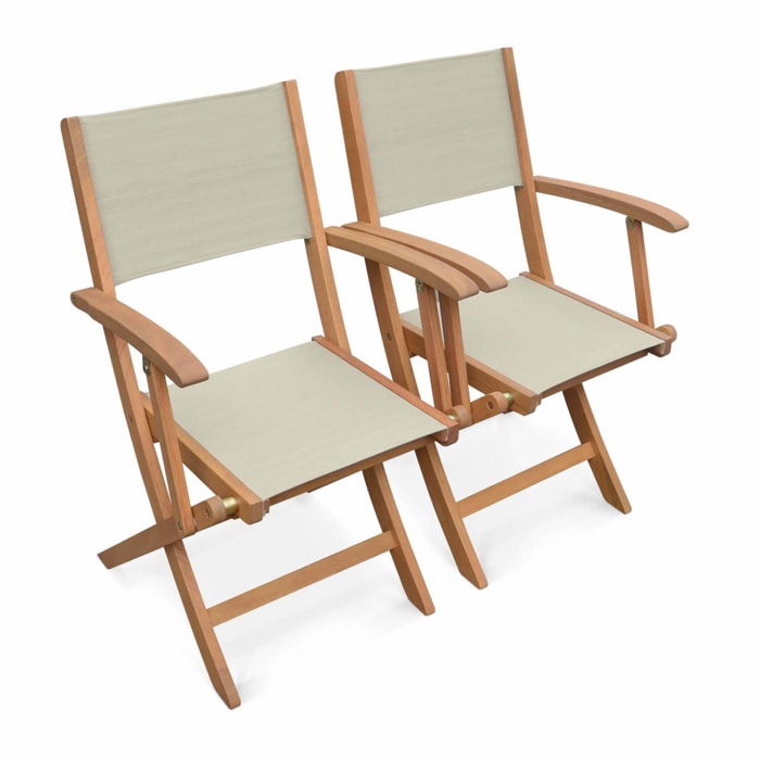 Fauteuils de jardin en bois et textilène - Almeria Gris taupe - 2 fauteuils pliants en bois d'Eucalyptus huilé et textilène
