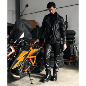 Chiodo biker in pelle nera con cintura nappa effetto liscio