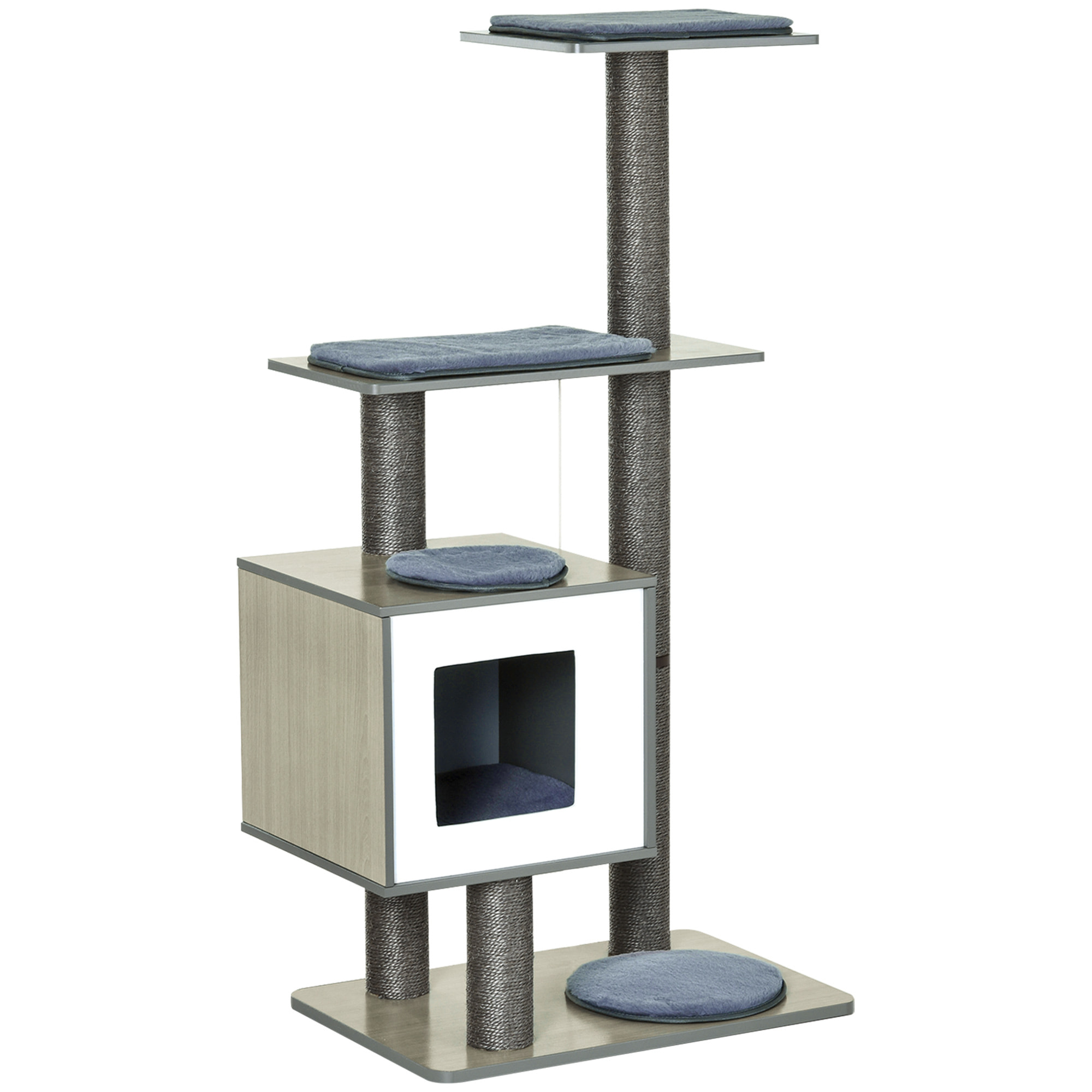 Árbol Rascador para Gatos de Madera 71,5x49,5x120 cm Torre de Gato con Cueva Plataformas Postes Rascadores de Sisal Cojines de Felpa Suave y Bolas Colgantes Gris