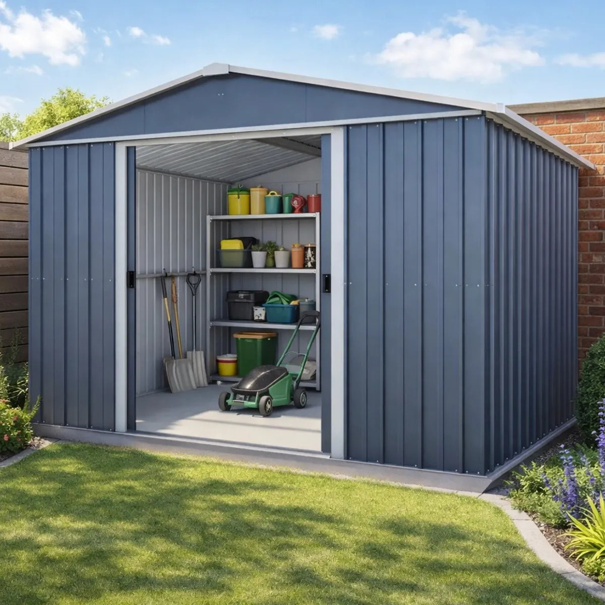 Abri de jardin métal gris Yardmaster 6,44 m² + kit d'ancrage