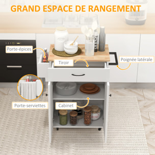 Desserte de cuisine - tiroir, 2 portes, étagère, porte-épices - MDF blanc plateau bois hévéa verni