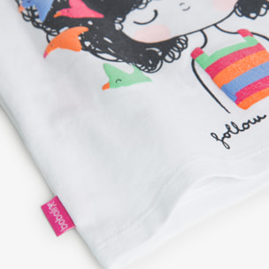 Camiseta niÃ±a, algodÃ³n, estampado, blanco, manga corta.