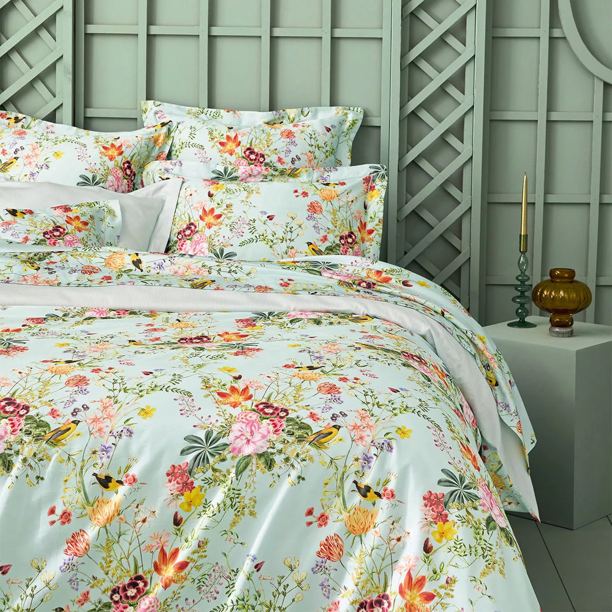 Housse de couette satin de coton imprimé multicolore Primavera vert d'eau