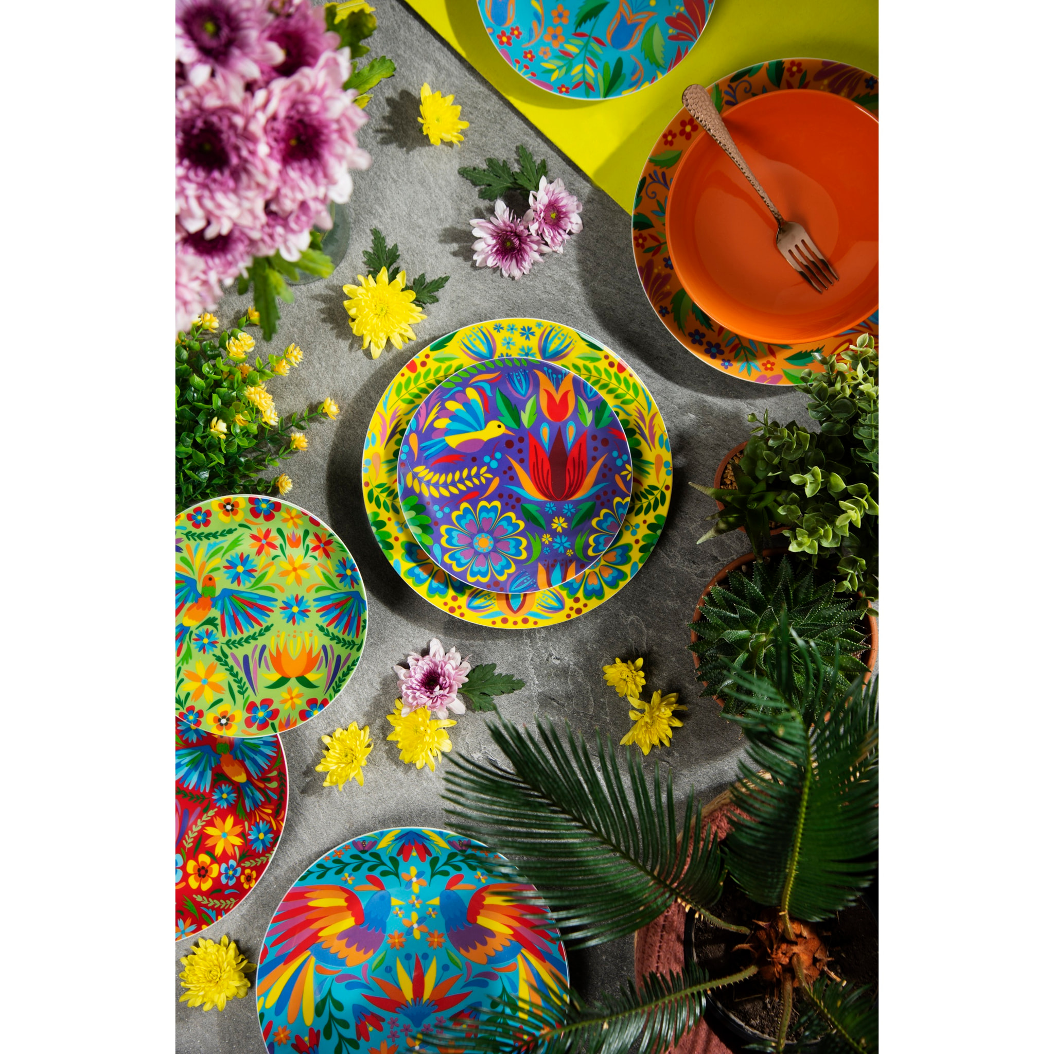 Service 18 assiettes Excelsa Mexican Flowers, porcelaine et stoneware, multicolore