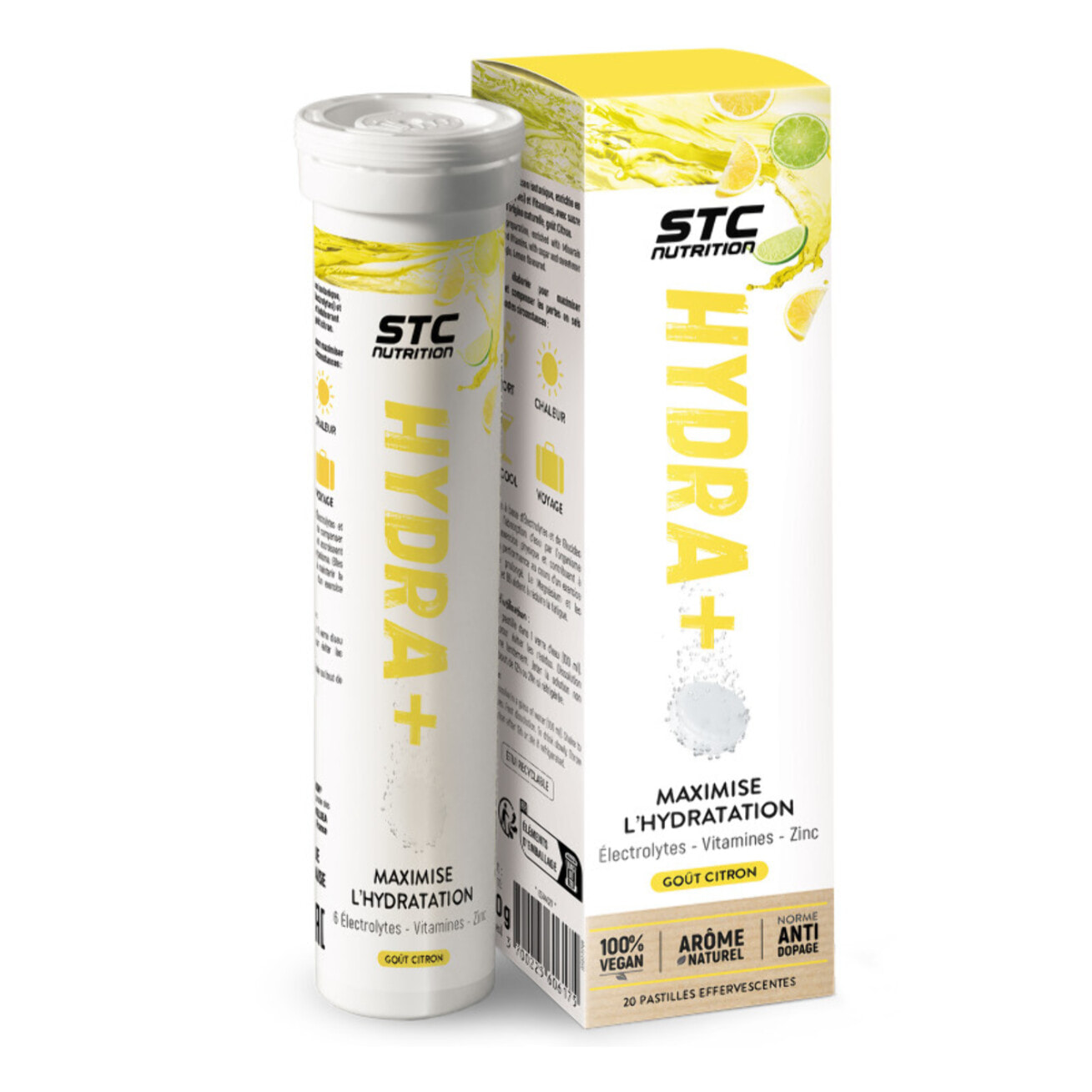 STC NUTRITION - Hydra+ - Préparation pour boisson isotonique à base d'Électrolytes, Vitamines, sucre et édulcorant naturels - Citron - Optimise l'hydratation - 20 Pastilles
