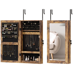 Espejo Joyero de Pared Armario para Joyas con Cerradura y Varios Compartimentos Montar en Pared o Puerta para Pendiente Collar Anillo Pulsera Regalo Marrón Rústico y Forro Negro