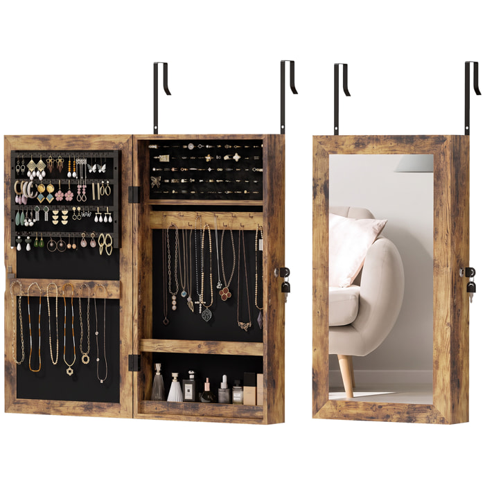 Espejo Joyero de Pared Armario para Joyas con Cerradura y Varios Compartimentos Montar en Pared o Puerta para Pendiente Collar Anillo Pulsera Regalo Marrón Rústico y Forro Negro