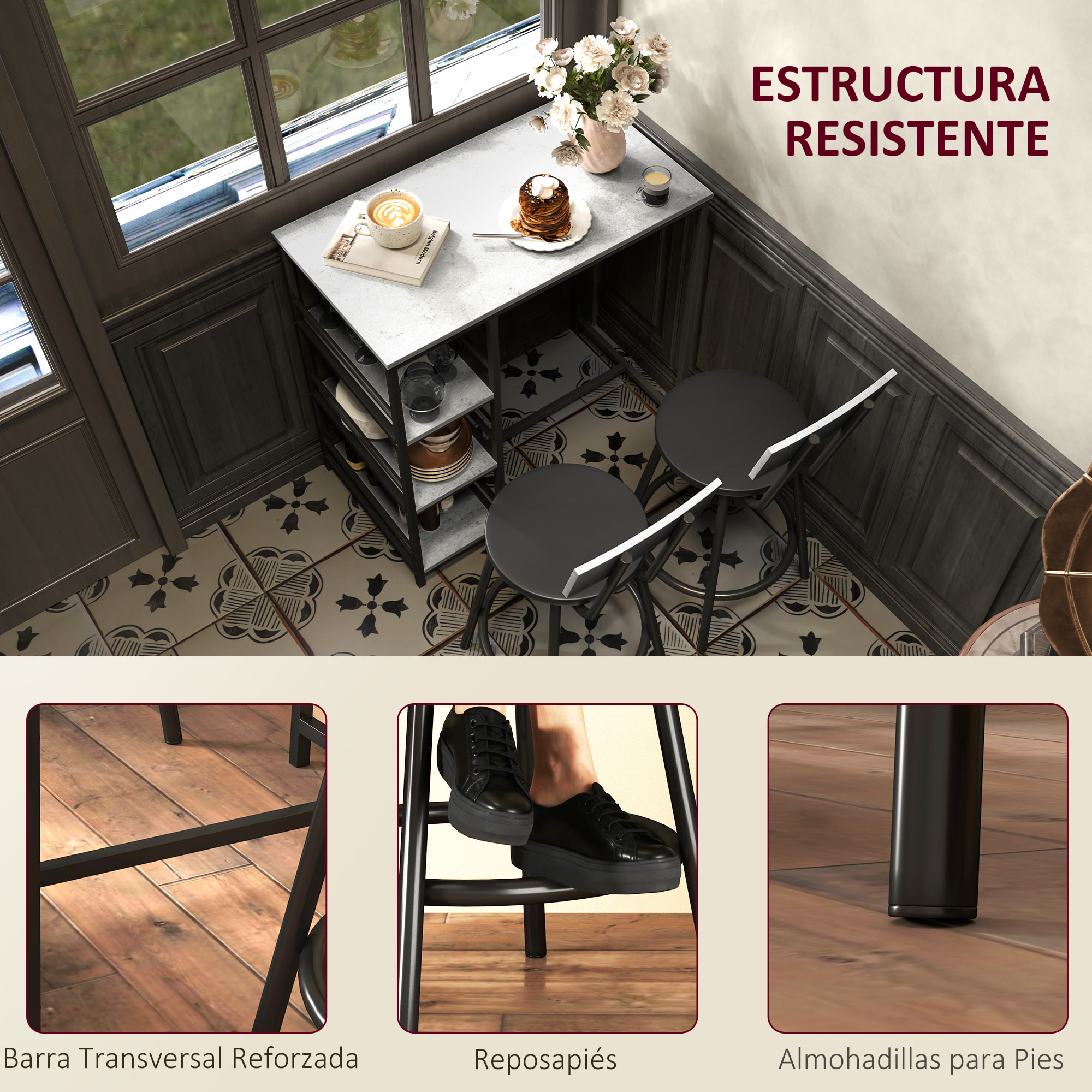 Conjunto de Mesa Alta de Bar con 2 Taburetes Mesa Alta de Cocina con Taburetes Estantes Laterales Asiento Acolchado y Barra para Descanso de Pies para Comedor Gris Oscuro
