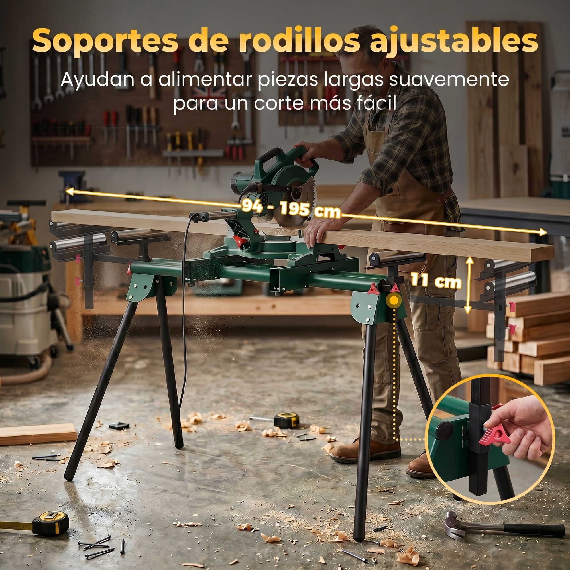 Soporte de Sierra Ingletadora, Universal con Rodillos Extensibles 94-195 cm, Banco de Trabajo Plegable con Altura y Ancho Ajustable, Estructura Metálica Reforzada, Sistema Fijación Carga 150 kg