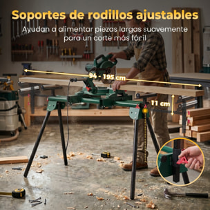 Soporte de Sierra Ingletadora, Universal con Rodillos Extensibles 94-195 cm, Banco de Trabajo Plegable con Altura y Ancho Ajustable, Estructura Metálica Reforzada, Sistema Fijación Carga 150 kg