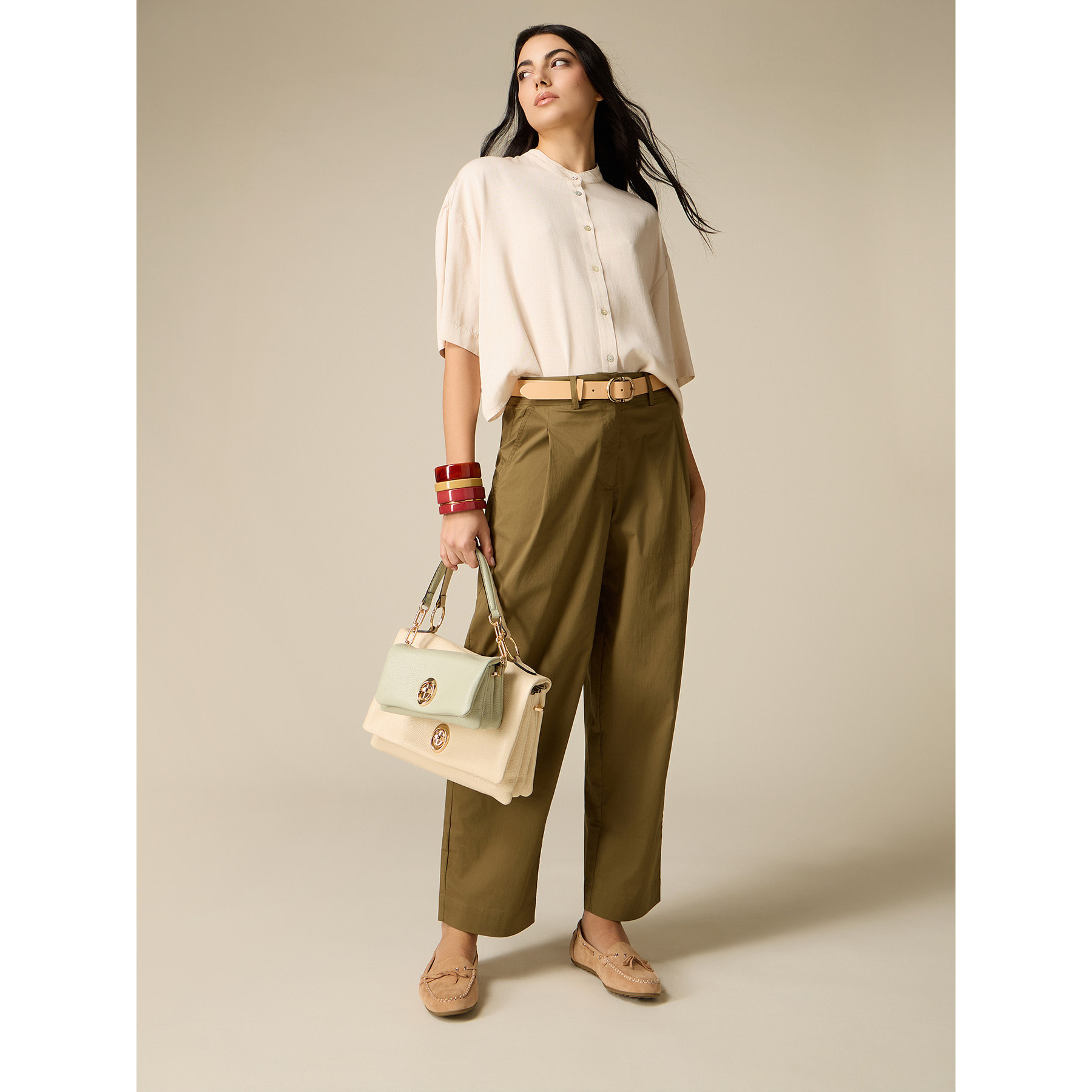 Oltre - Pantaloni cropped in popeline - Verde militare