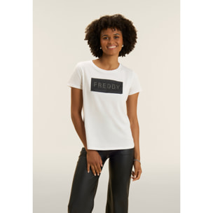 T-shirt con strass e inserto in mesh