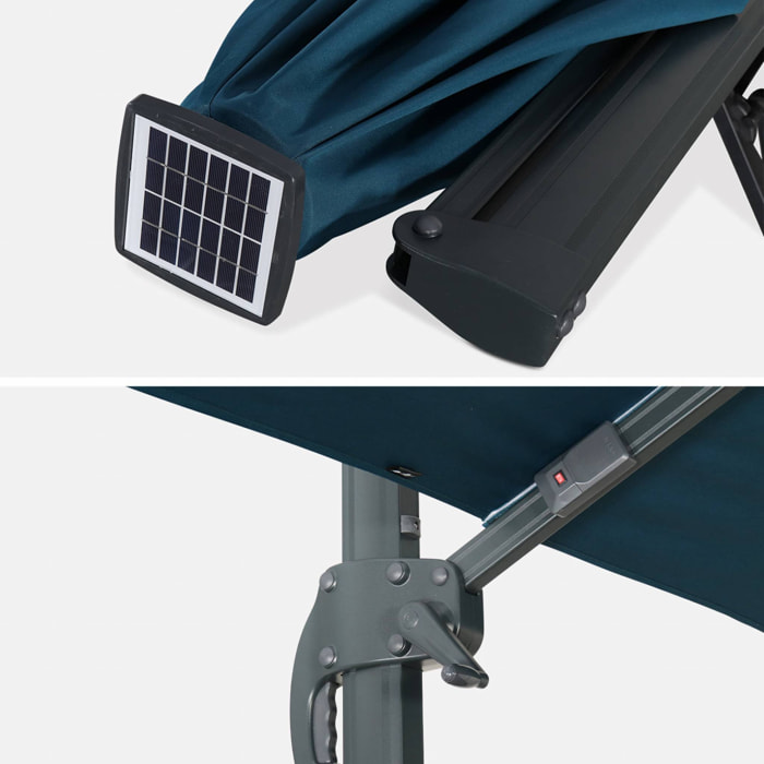 Parasol déporté solaire LED rectangulaire 3x4m haut de gamme - Luce Bleu canard - Parasol excentré inclinable. rabattable et rotatif à 360°. chargeur solaire