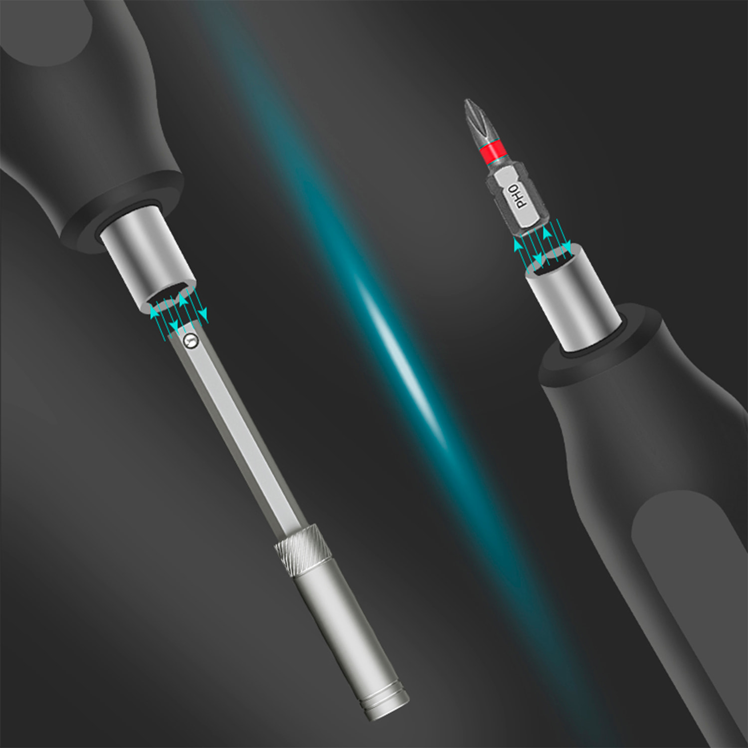 Destornillador multifunción 40 en 1 con carcasa de aluminio y compartimento para 8 puntas favoritas.