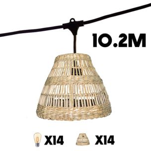 Lot de 2 guirlandes lumineuses extérieur connectables 14 abat-jour tressés D20cm style bohème ampoules filament E27 LED blanc chaud 2x TESSA LIGHT 10m