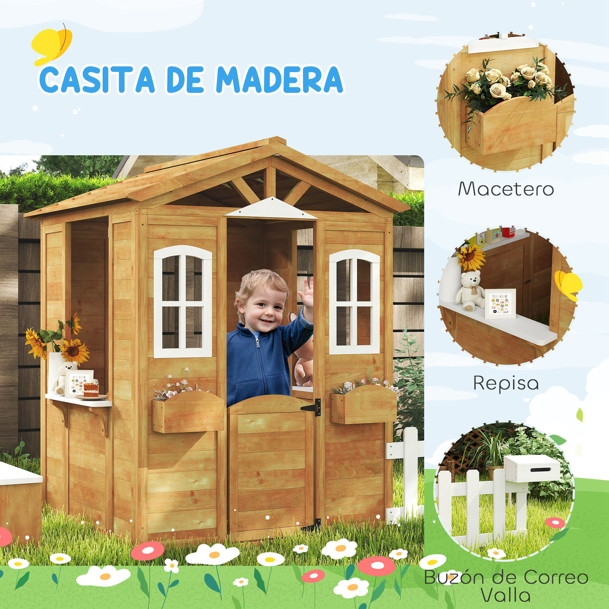 Casita Infantil Exterior de Madera Casita Infantil de Jardín con Buzón Ventanas Jardinera Mostrador y Banco Casa de Juegos para Niños a Partir de 3 Años Natural