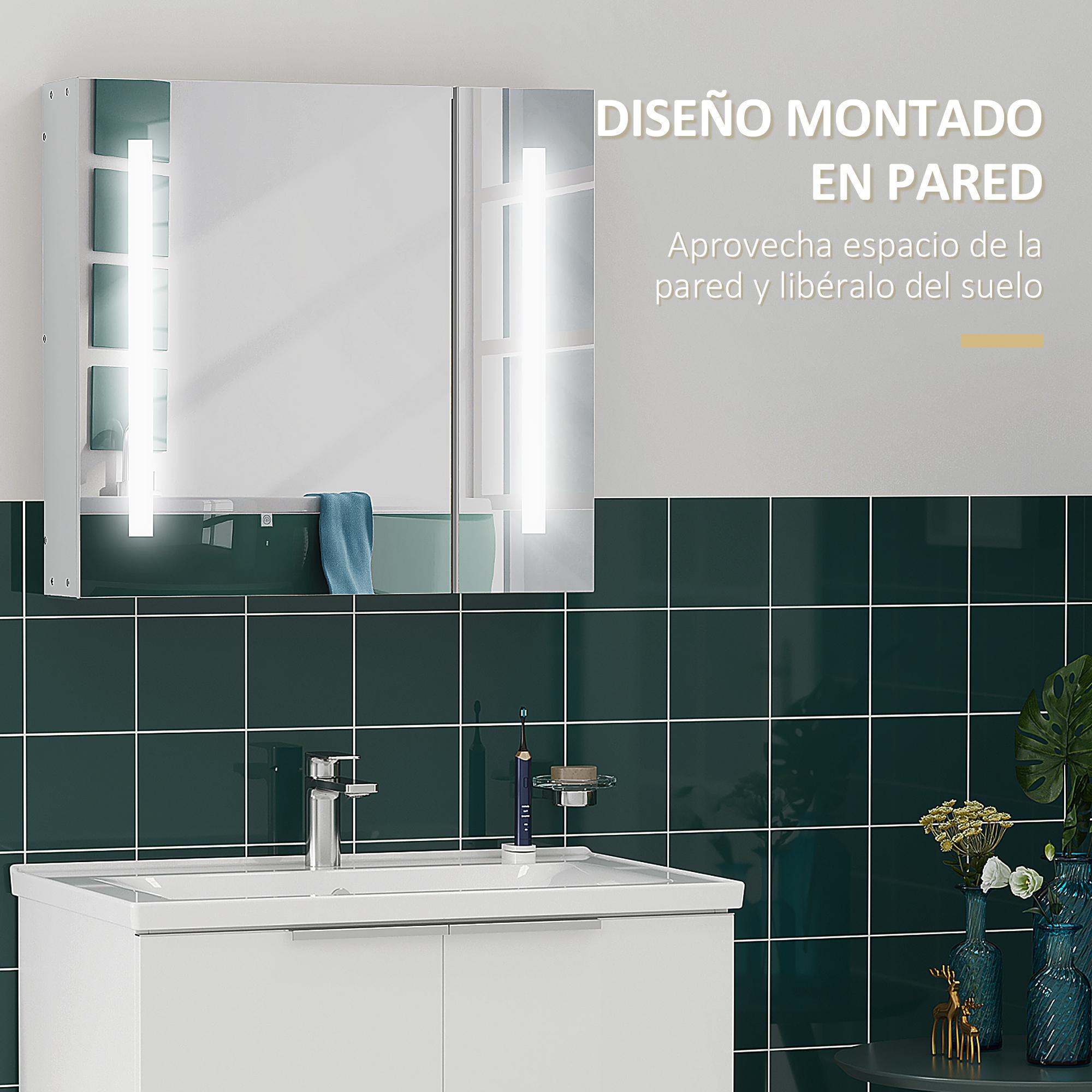 Armario con Espejo de Baño con Luz LED Armario de Baño Colgante con 2 Puertas Función de Memoria e Interruptor Táctil Estilo Moderno 70x15x65 cm Blanco