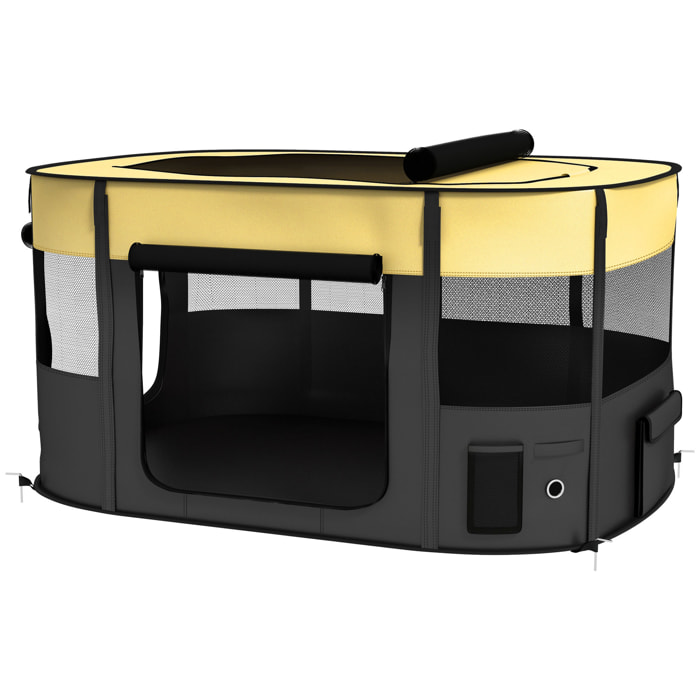 Parc pliable pour chien en tissu Oxford - fenêtres, portes en maille - sac de rangement - jaune