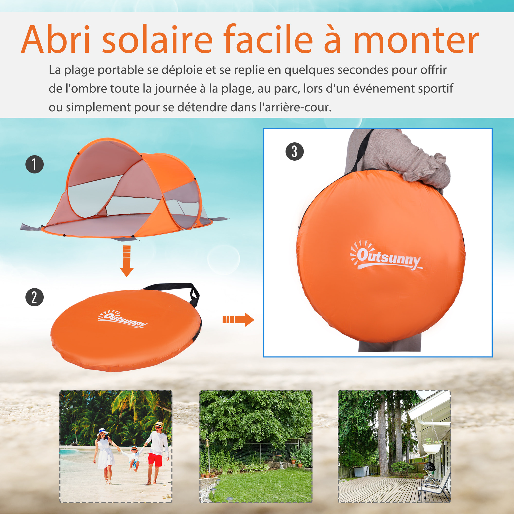 Abri de plage tente de plage pliable pop-up automatique instantané protection UV fenêtre arrière grand tapis de sol orange