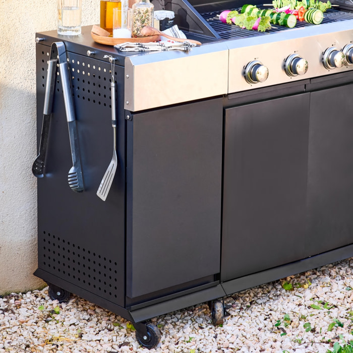 Barbecue gaz 4 brûleurs + 1 feu latéral, cuisine d'extérieure avec roues, tablettes et thermomètre MAXIM