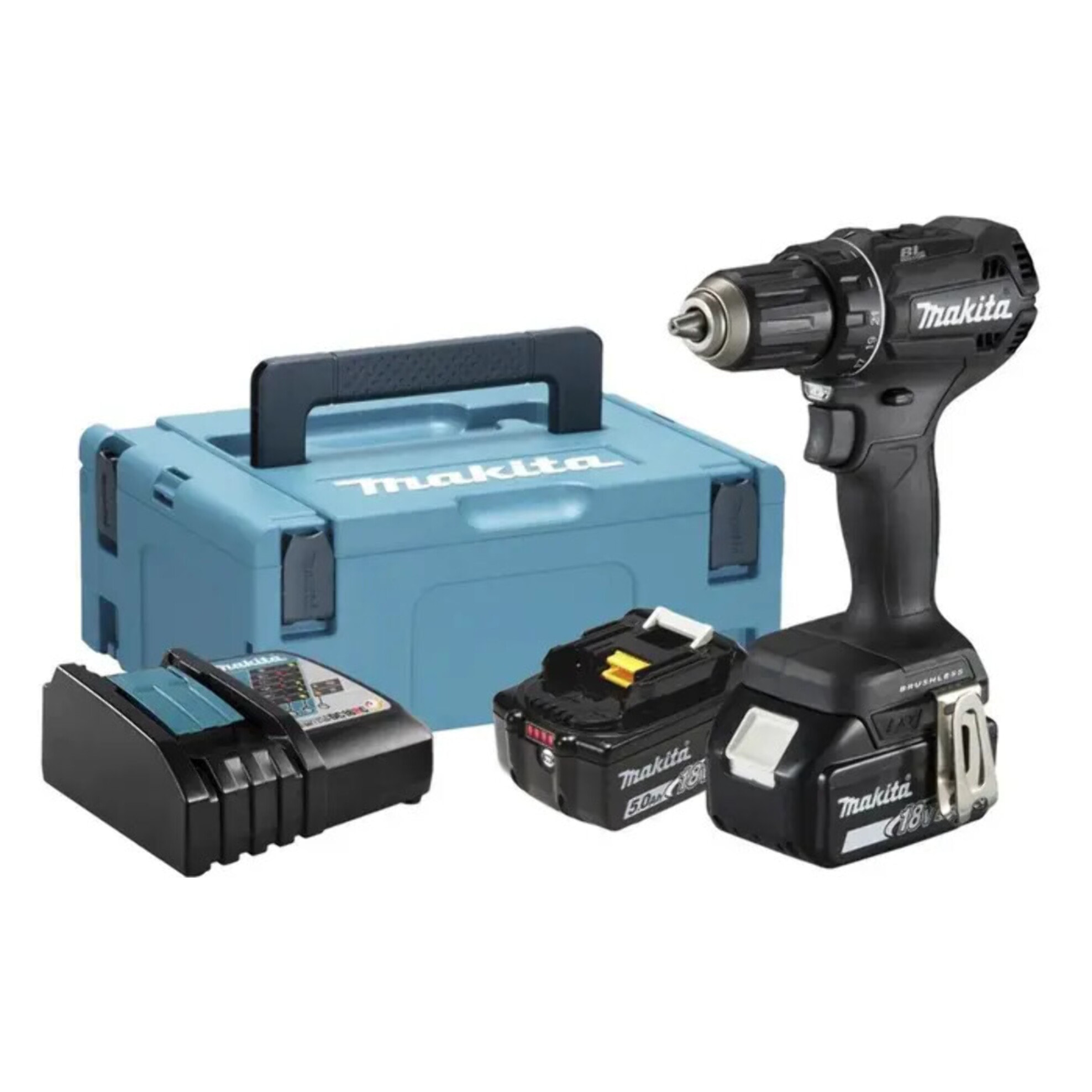 Perceuse visseuse Noire LXT 50Nm - MAKITA - avec 2 batteries 5Ah 18V - chargeur - MAKPAC - DDF485RTJB